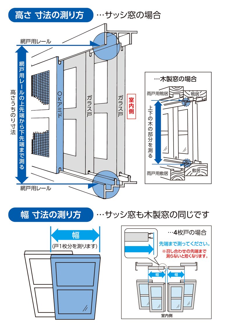 公式の寸法の測り方（高さ：網戸用レールの上先端から下先端まで／幅：戸1枚分）